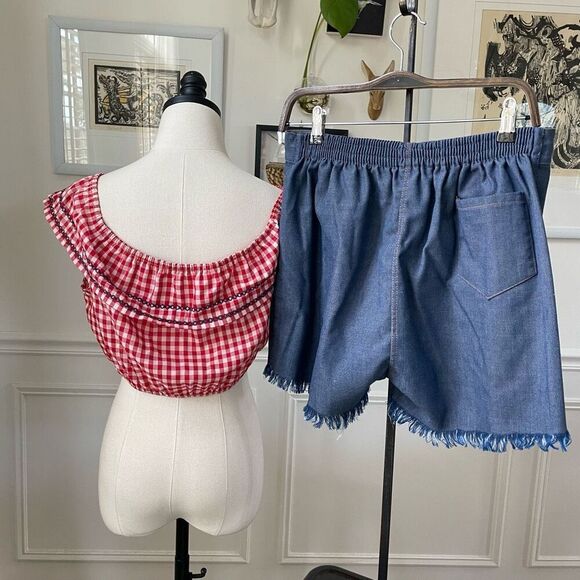 Vintage 70s Red Gingham Crop Top High Rise Shorts M - Picture 2 of 10